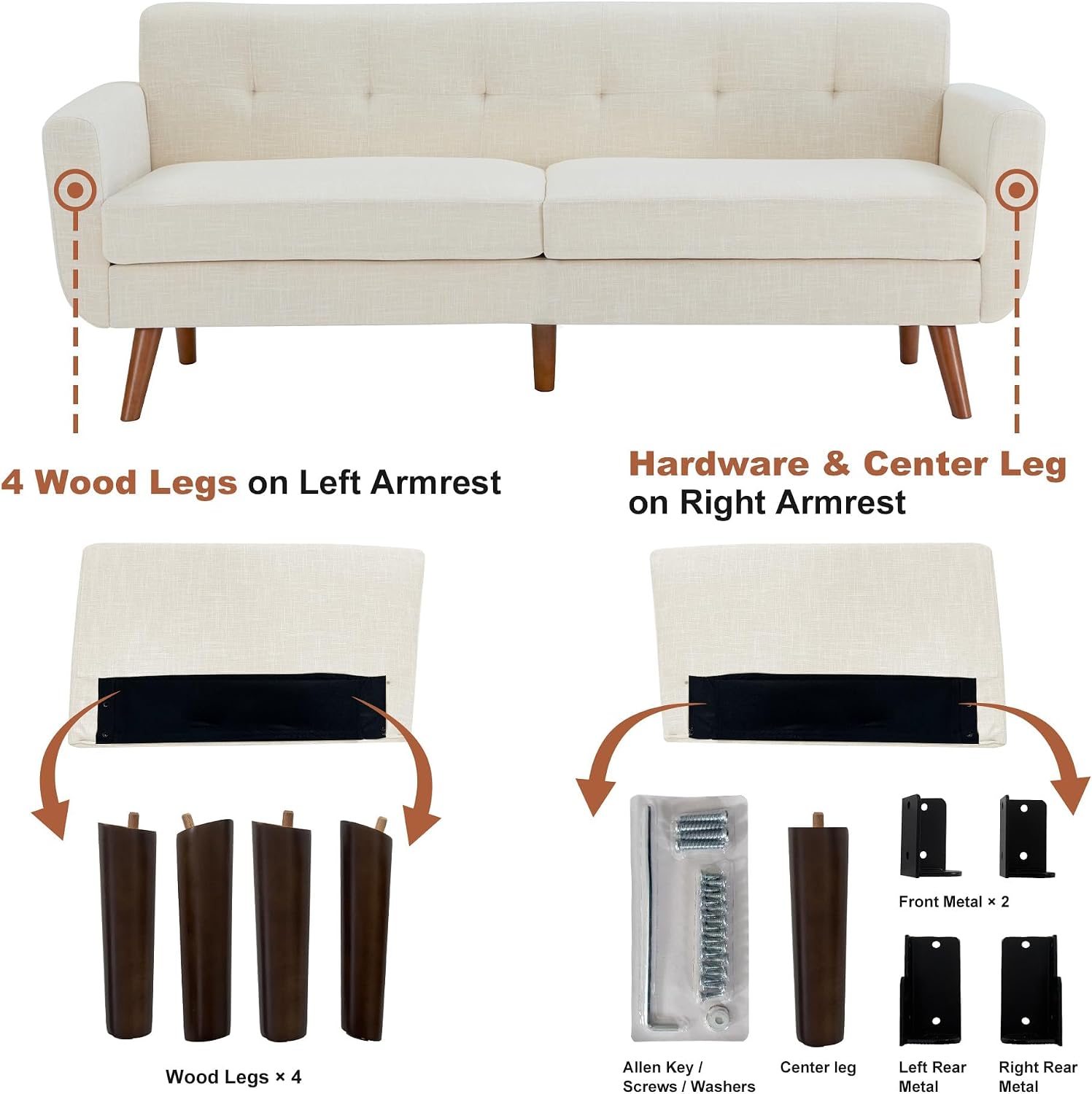 Tbfit 77.2' W Linen Sofa Couch, Mid Century Modern Decor Loveseat Couches for Living Room, Button Tufted Upholstered Small Couch for Bedroom, Solid, and Easy to Install Love Seats Furniture, Beige