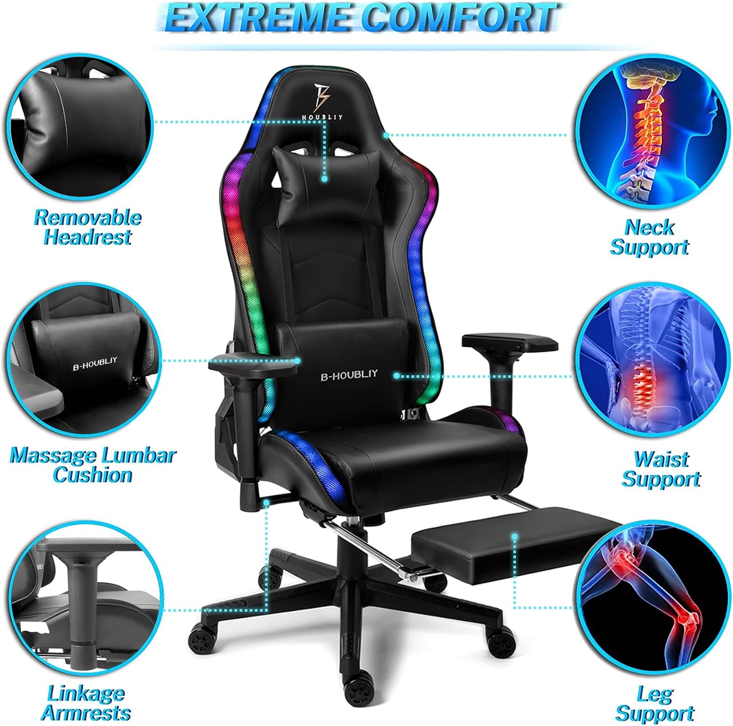 Massage Gaming Chair with Footrest, Computer Chair with Speakers and RGB Lights Height Adjustable Gamer Chair with 4D Armrests Headrest and Lumbar Support Office Chairs for Gaming,Black