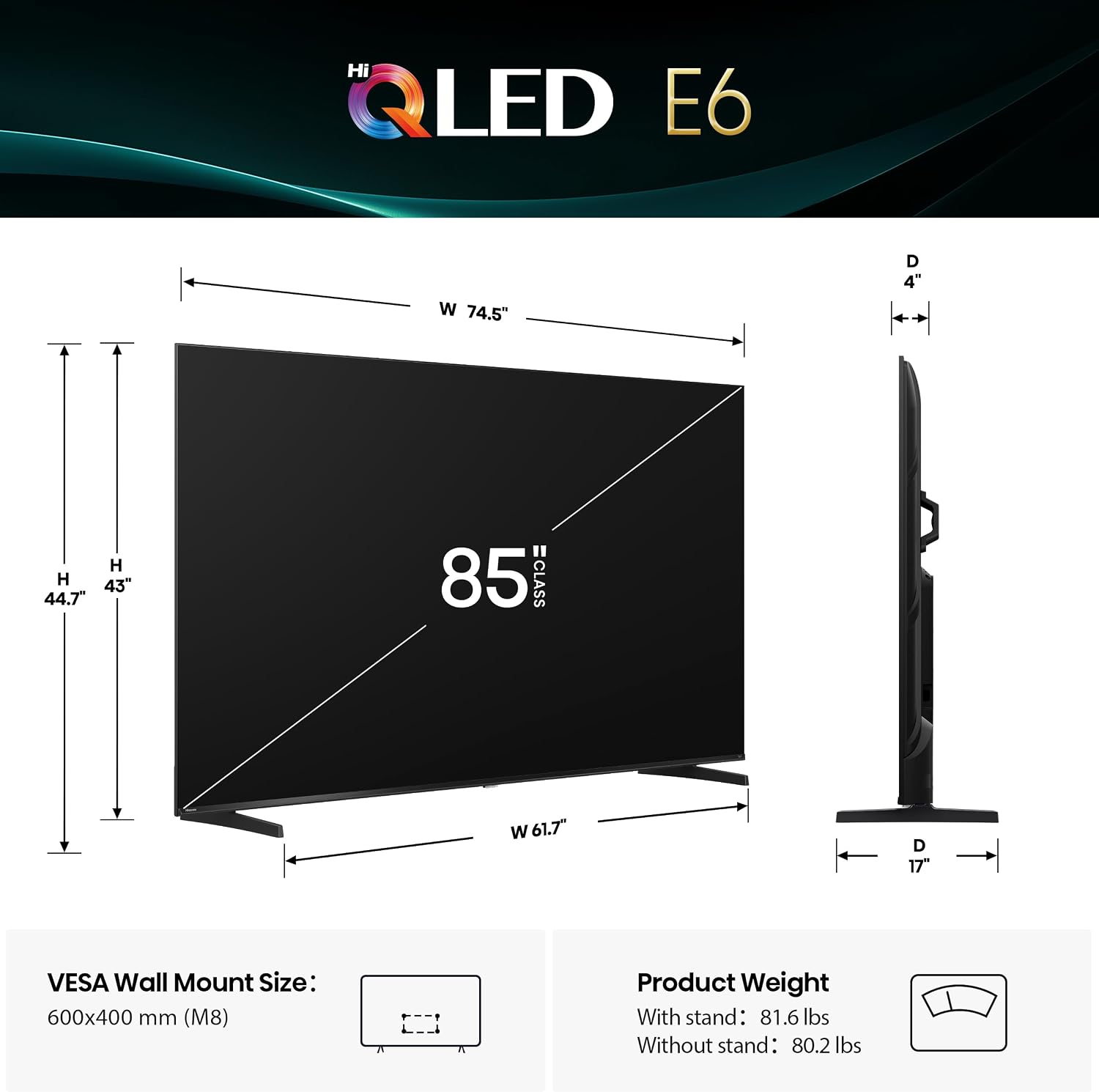 Hisense 85' E6 Cinema Series Hi-QLED 4K UHD Smart Fire TV (85E6QF, 2025 Model) - AI Light Sensor, Dolby Vision · Atmos, Voice Remote with Alexa, Motion Rate 120, HDR 10+ Adaptive, Game Mode Plus