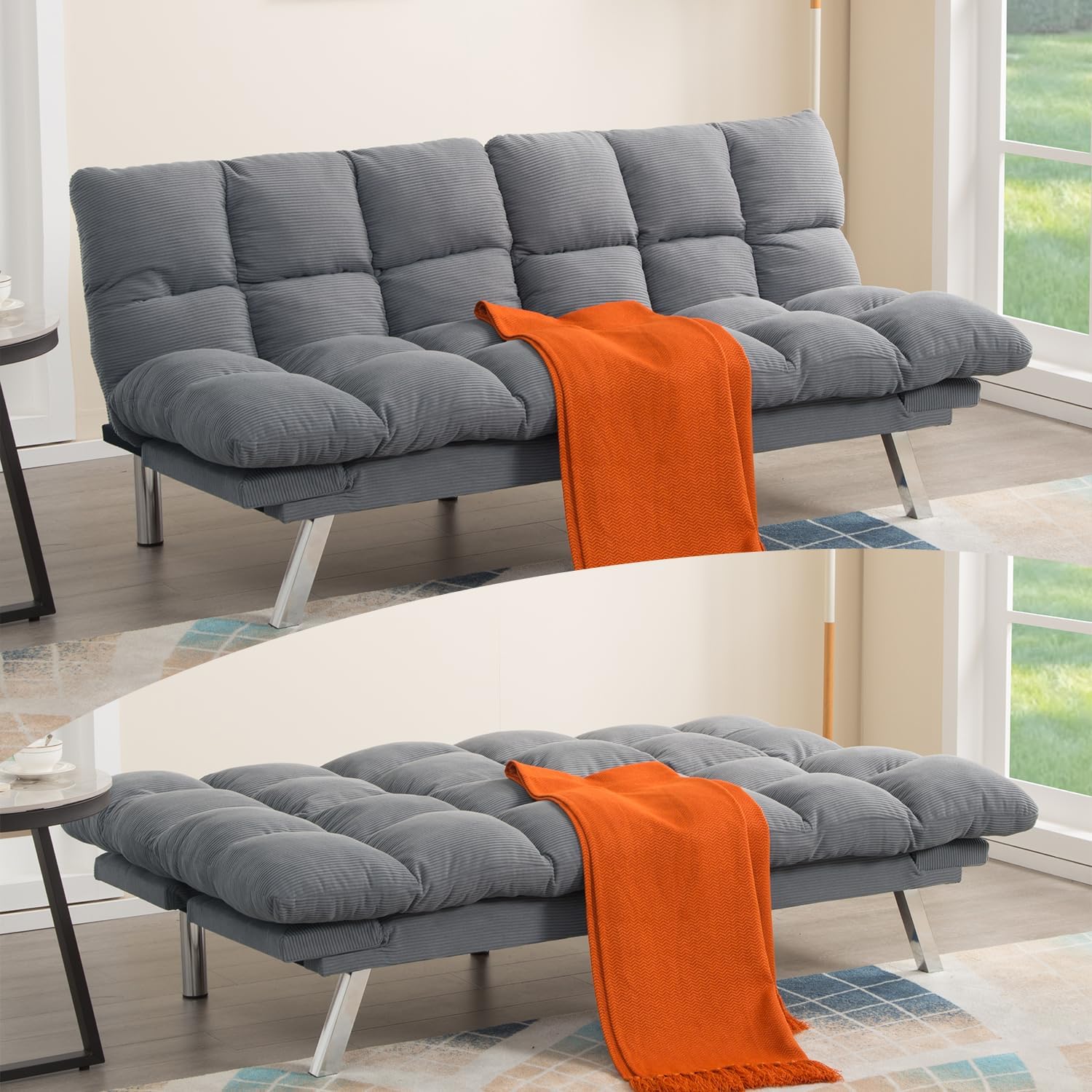 Modern Light Gray Corduroy Convertible Folding Futon Couch Sofa Bed Adjustable Pillow Top Arm Memory Foam Couch Double Loveseat Sofa for Compact Living Space, Apartment, Bedroom (67.3' Light Gray)