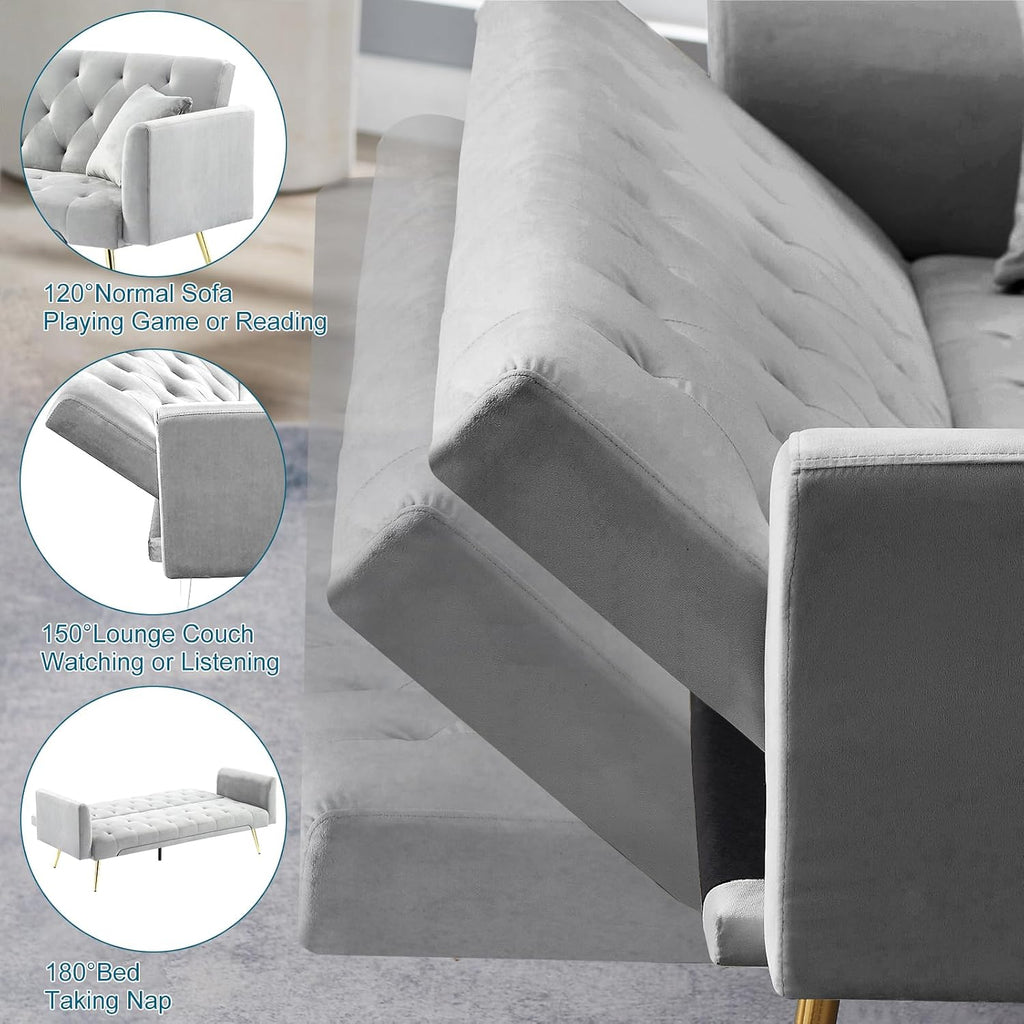 71.65'' Convertible Sofa Bed Modern Futon Set, Velvet Foldable Reclining Loveseat, Three Adjustment Angles,Mid Century Modern Couches for Living Room/Bedroom/Apartment, Easy Assembly,Grey