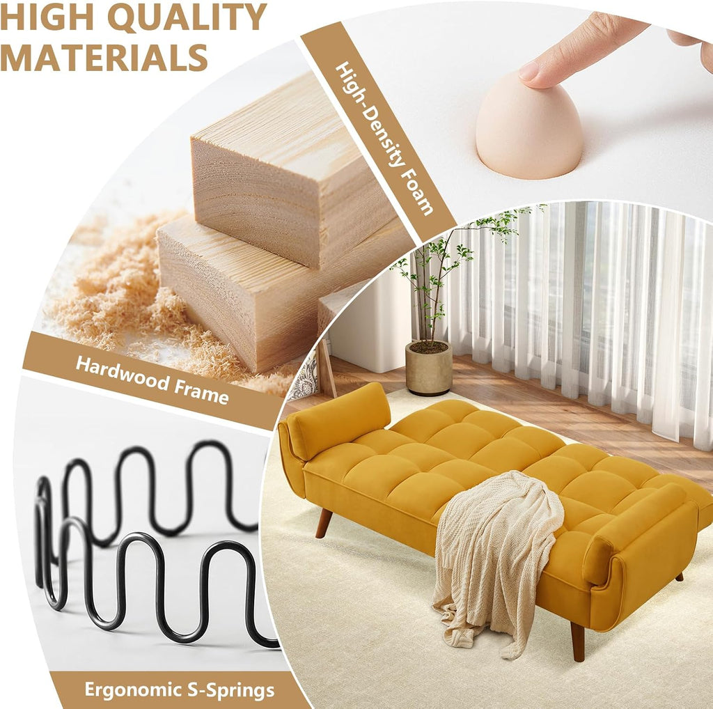 75' Convertible Futon Sofa Bed, Sleeper Couch Bed with Adjustable Backrest, Small Couches for Small Spaces, Living Room, Bedroom and Office (Yello)
