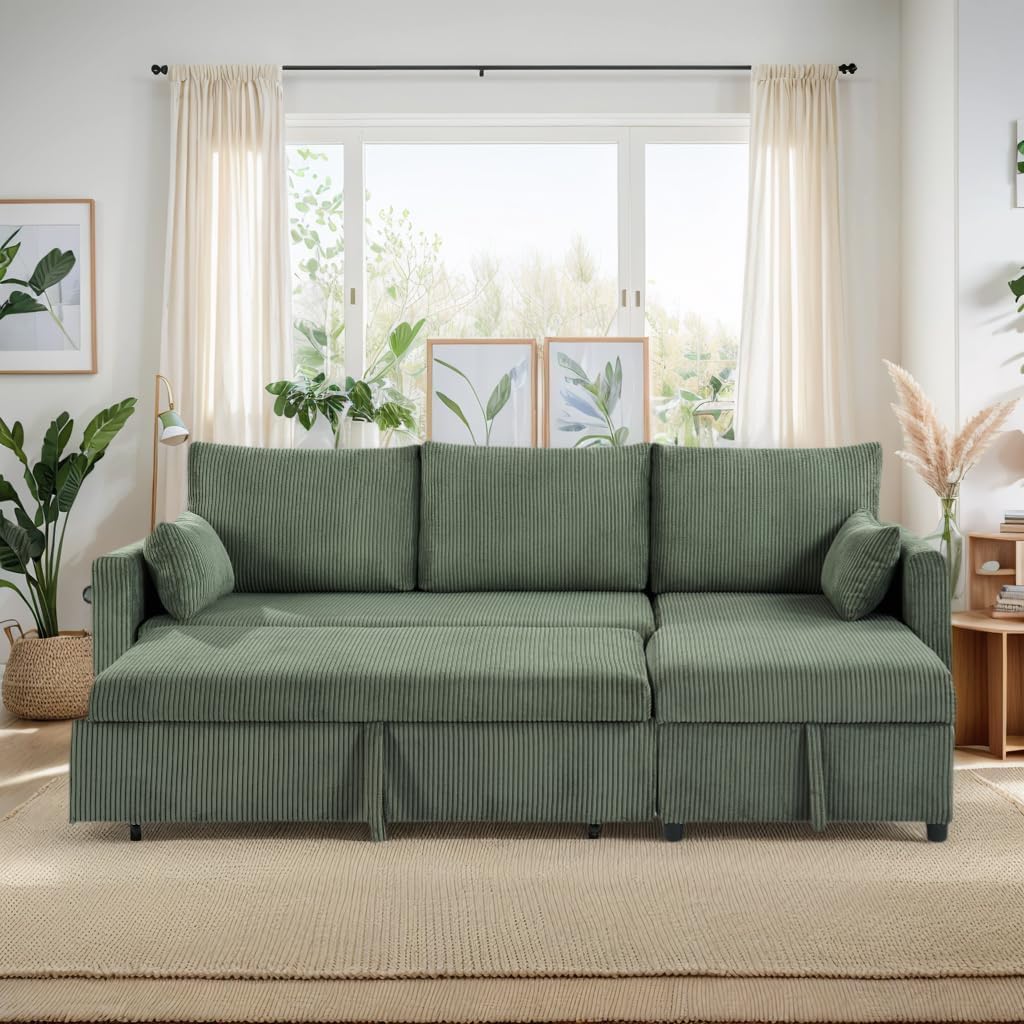 Queen Sleeper Sofa, Convertible Sofa Bed with Storage, 85 Inch Sectional Couch with Pull Out Bed, L Shaped 3 Seat Sectional Sleeper Sofa for Living Room, Apartment, Green