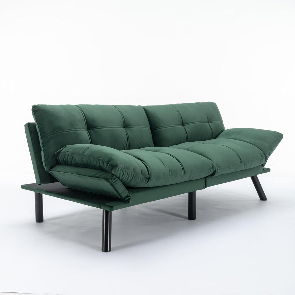 Convertible Futon Sofa Bed for Small Spaces, Modern Multi-Functional Sleeper with Adjustable Backrest, Tufted Brown Fabric Couch for Living Room, Apartment, Dorm (Emerald)