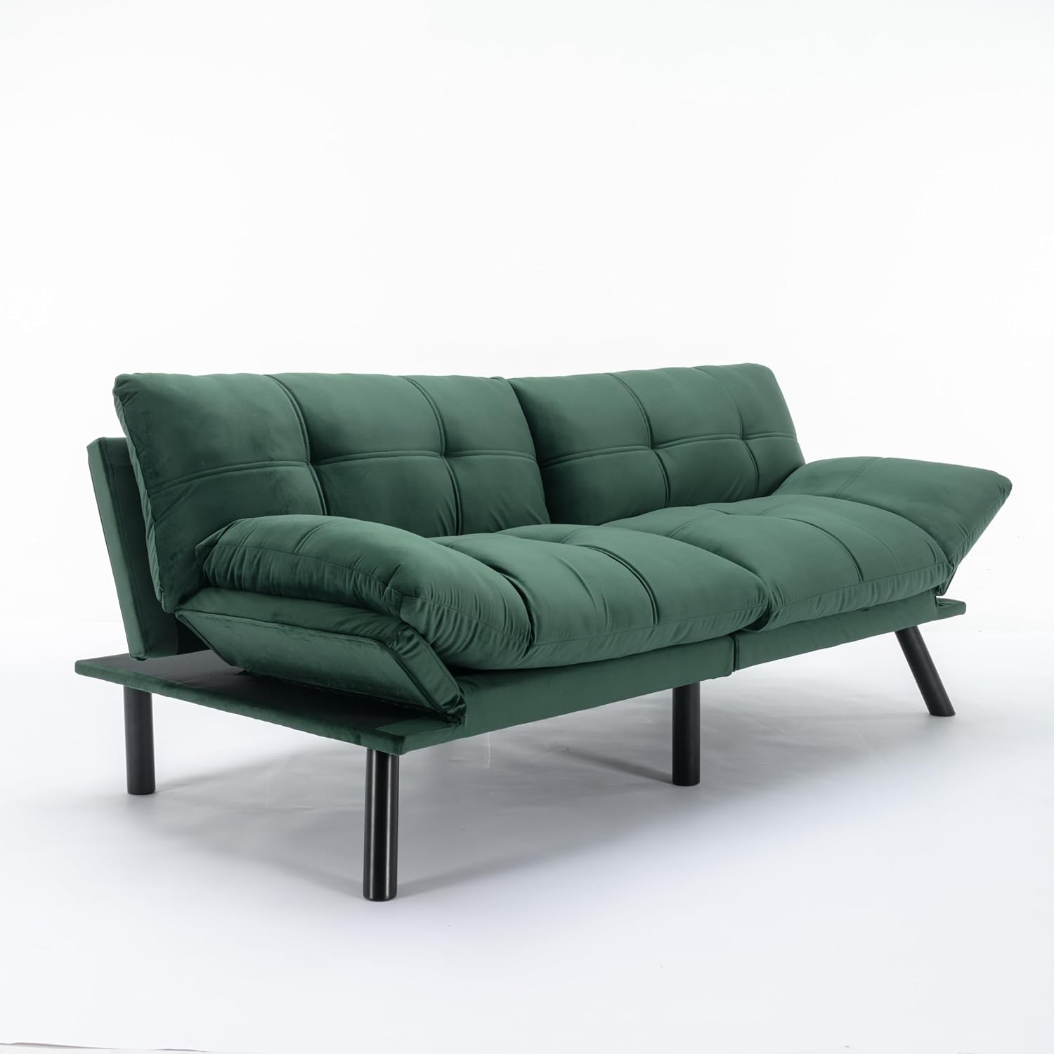 Convertible Futon Sofa Bed for Small Spaces, Modern Multi-Functional Sleeper with Adjustable Backrest, Tufted Brown Fabric Couch for Living Room, Apartment, Dorm (Emerald)