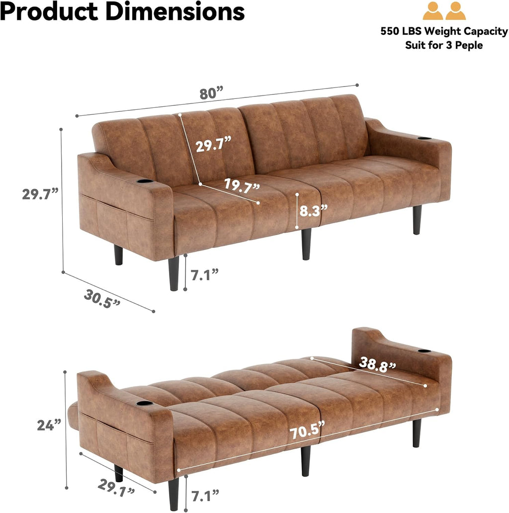 80'' Futon Sofa Bed,Faux Leather Futon Sleeper Sofa, Convertible Loveseat with Adjustable Sofa Backrest,Modern Couches for Living Room, Bedroom, Apartment, Office (Dark Brown)