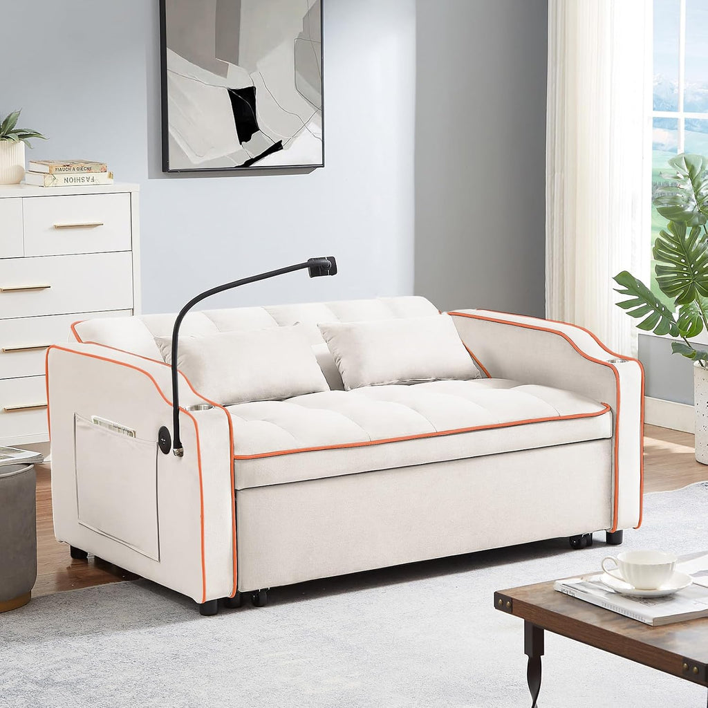 JEEOEHY 3 in 1 Convertible Sleeper Sofa Bed,Velvet Pull Out Couch Bed w USB&Type C Port,Comfy Futon Loveseat w Adjustable Backrest&Phone Stand&Cup Holder for Living Room Apartment Small Space(Beige)