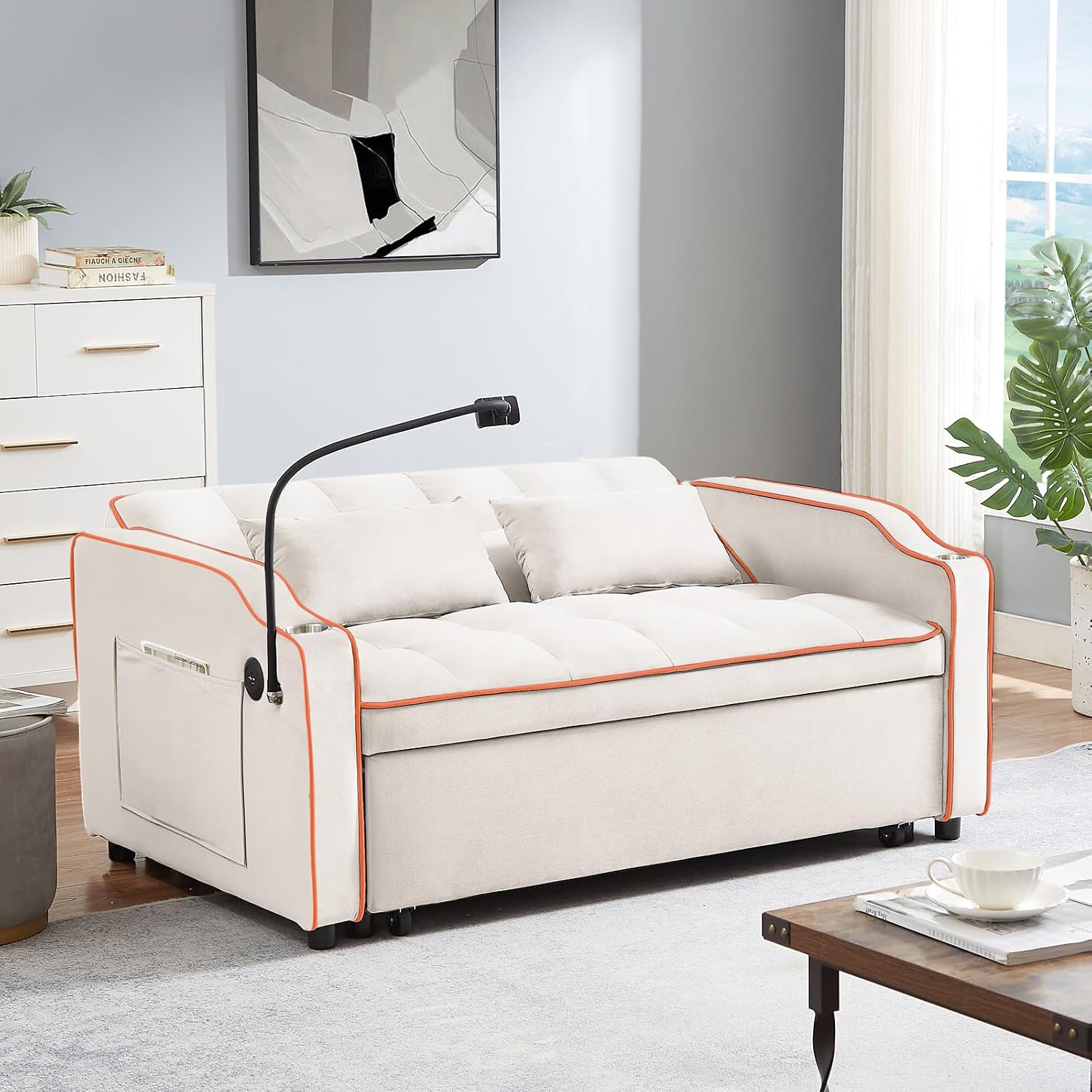 JEEOEHY 3 in 1 Convertible Sleeper Sofa Bed,Velvet Pull Out Couch Bed w USB&Type C Port,Comfy Futon Loveseat w Adjustable Backrest&Phone Stand&Cup Holder for Living Room Apartment Small Space(Beige)