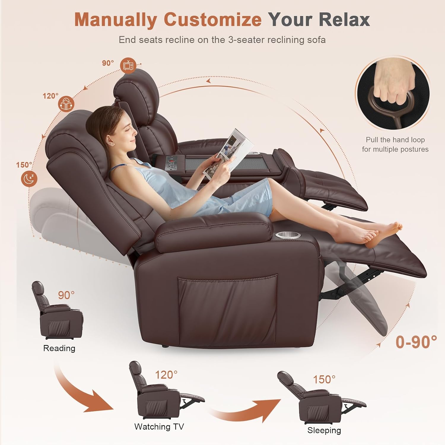 RV Loveseat Recliner Sofa, Built-in Power Strip, Massage Wall Hugger 3-Seater Recliners Couch, Flip Middle Backrest, Drawer & Cup Holder, Reclining Sleeper Sofa, 150° Recline for RV & Living Room