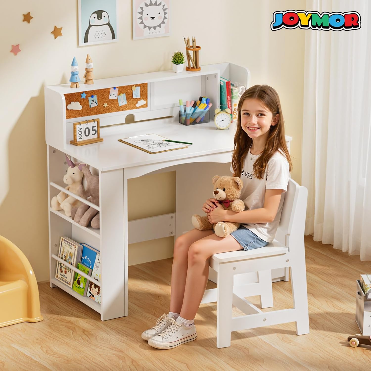 JOYMOR Kids Desk and Chair Set with Bookshelf, Kids Study Desk with Chair with Storage Cabinet, Student Writing Table for Study & Crafts, Student Computer Workstation for 5-12 Years Old, White