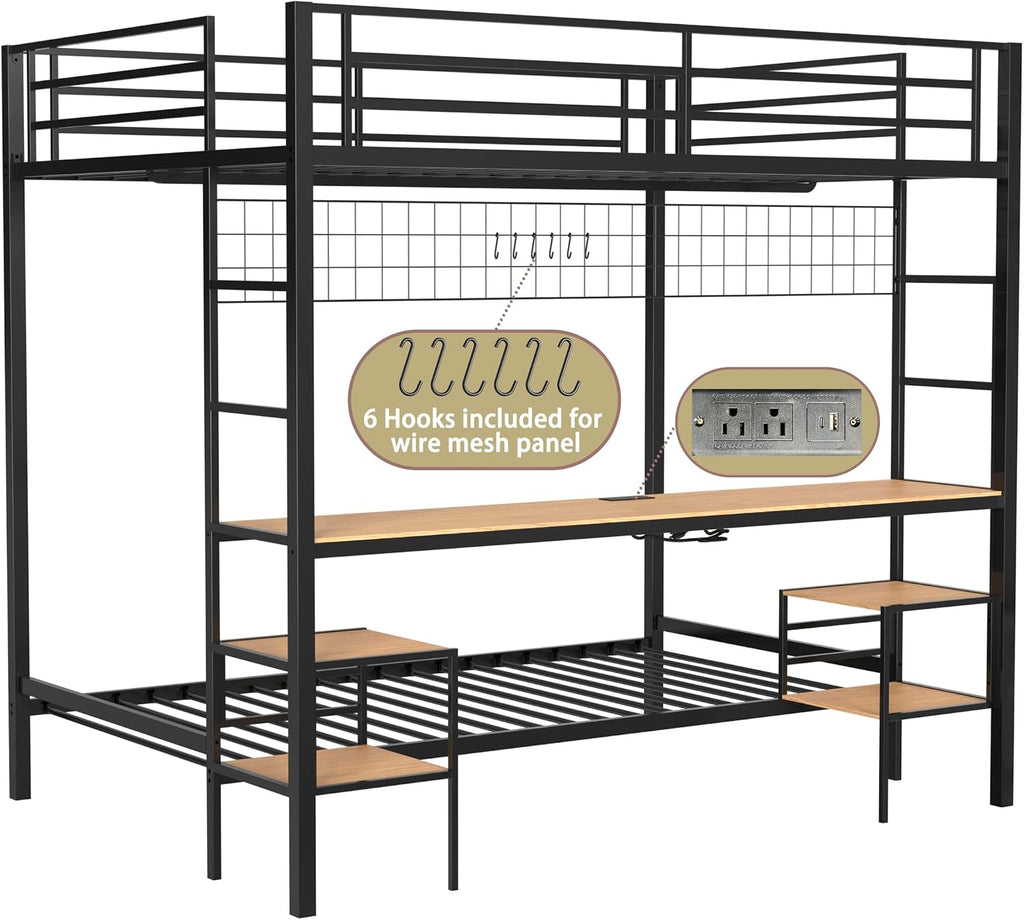 Bellemave Full Over Twin bunk Bed with Desk, loft Bed with Desk and Shelves, Full Over Twin Metal Bunk Beds with Charging Station, Black & Nature Oak