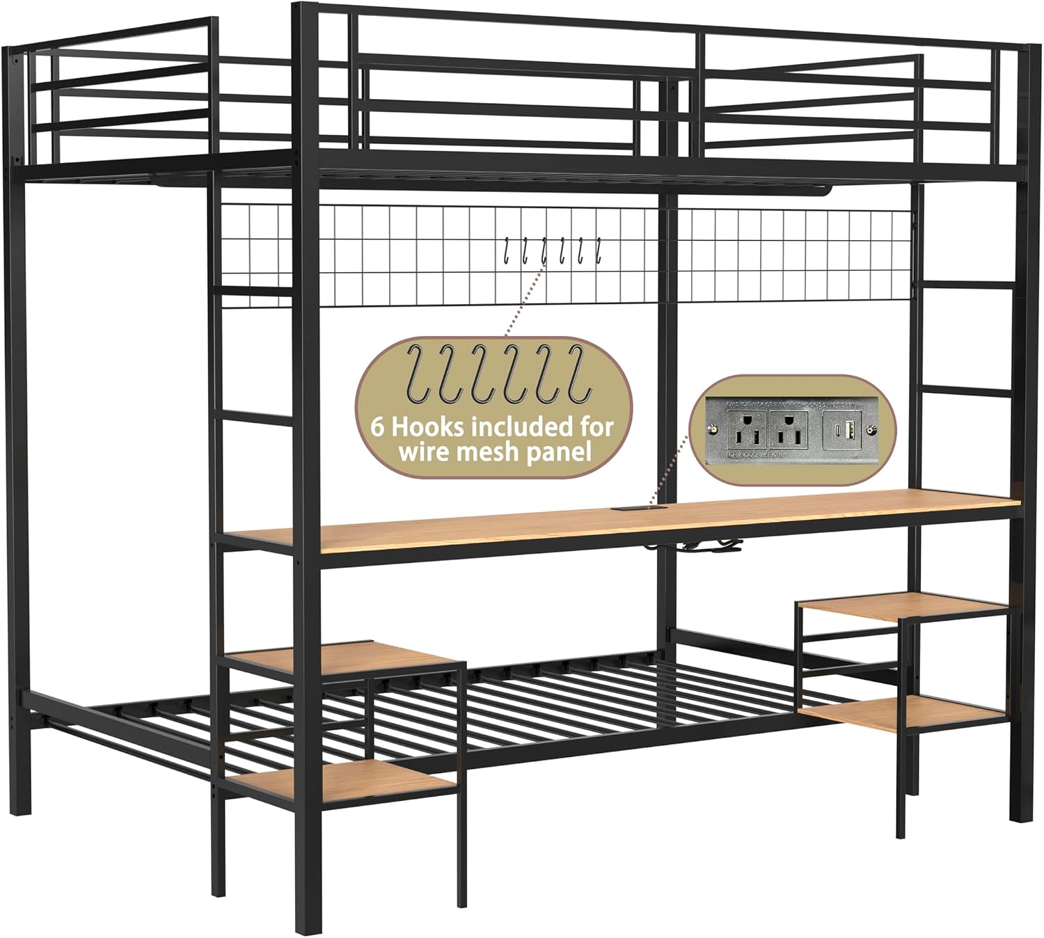 Bellemave Full Over Twin bunk Bed with Desk, loft Bed with Desk and Shelves, Full Over Twin Metal Bunk Beds with Charging Station, Black & Nature Oak