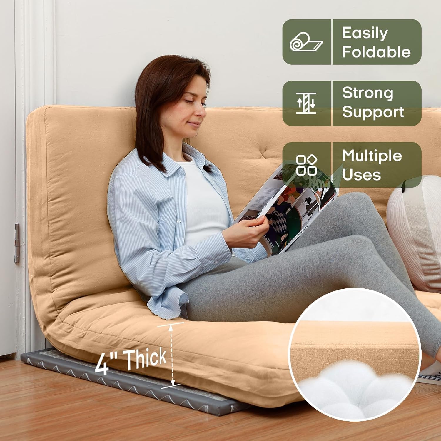 ZonLi Japanese Floor Futon Mattress Twin Size 75'x 39', 100% Cotton Cover 4'' Thicken Tatami Mattress, Foldable Sleeping Pad, Portable Dormitory Tatami Mat, Roll Up Floor Lounger Bed for Adult