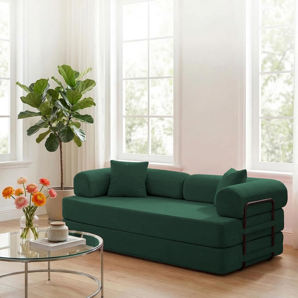 ijuicy 4-in-1 King Convertible Floor Sofa Bed w/ 2 Pillow,Modular Sleeper Sofa/Folding Futon Couch Bed w/Cylindrical Backrest and Fixed Frame,Lounge Couch,Corduroy Compression Sofas for Home-Green