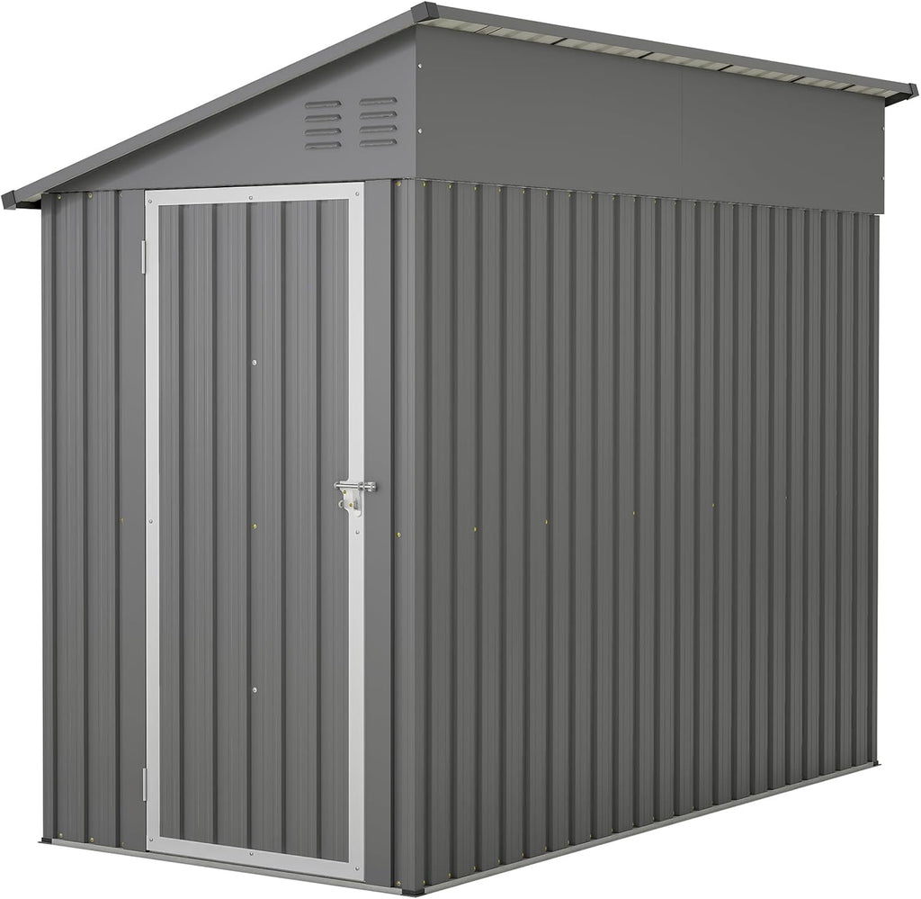 YOPTO 4×8 FT Lean to Metal Shed,Outdoor Heavy-Duty Storage Shed with Floor Base,All Weather Waterproof Garden Tool House W/Lockable Door&2 Air Vents,Reversible Door Design,for Backyard,Patio,Lawn,Gray