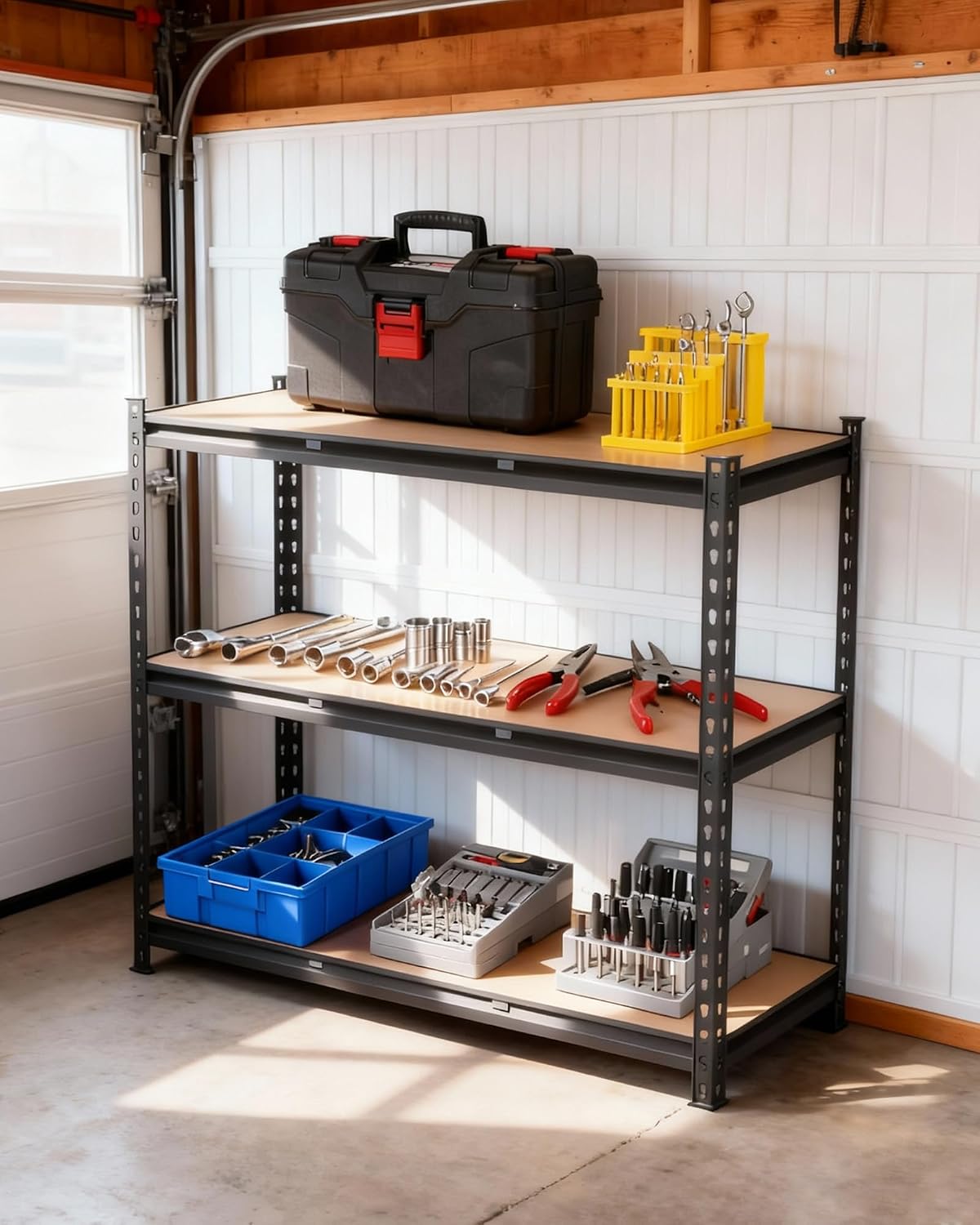 Garvee 3Tier Adjustable Garage Shelving Units, 1320 Lbs Heavy Duty Metal Utility Rack Shelf, 48' W x 24' D x 72' H Inches Storage Shelves, Freestanding Shelving Units for Shed, Basement