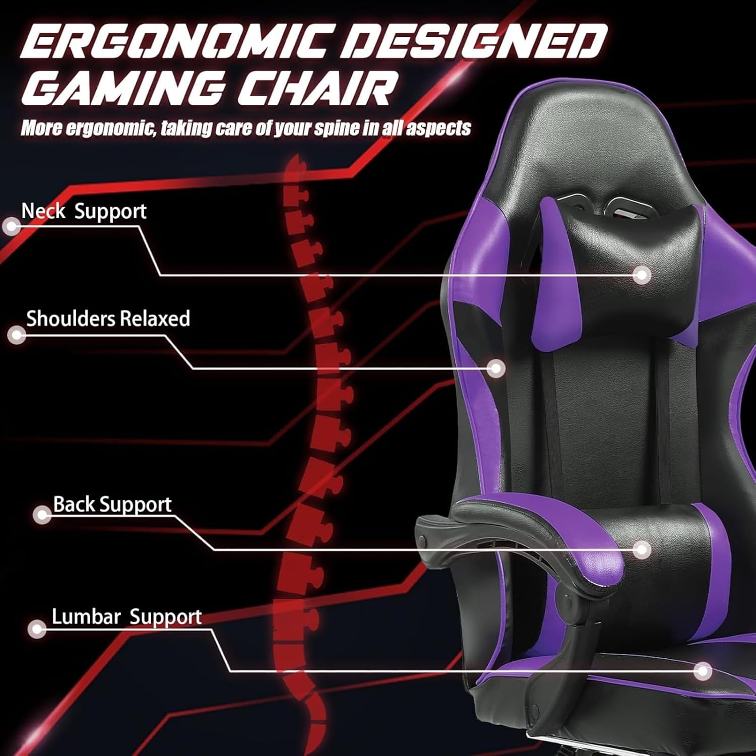 Video Game Chairs for Adults, PU Leather Gaming Chair with Footrest, 360° Swivel Adjustable Lumbar Pillow Gamer Chair, Comfortable Computer Chair for Heavy People, Purple