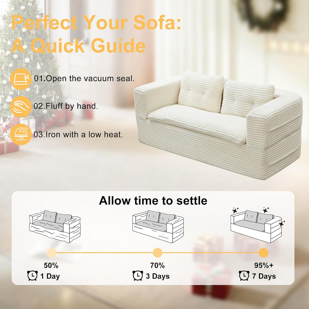 80'' Futon Sofa Bed, King Size Foldable Sleeper Sofa, Corduroy Boneless Loveseat Couch with Chaise Lounge, 3 Pillows, Blanket, Upholstered Sectional Couches for Living Room, Bedroom, Beige
