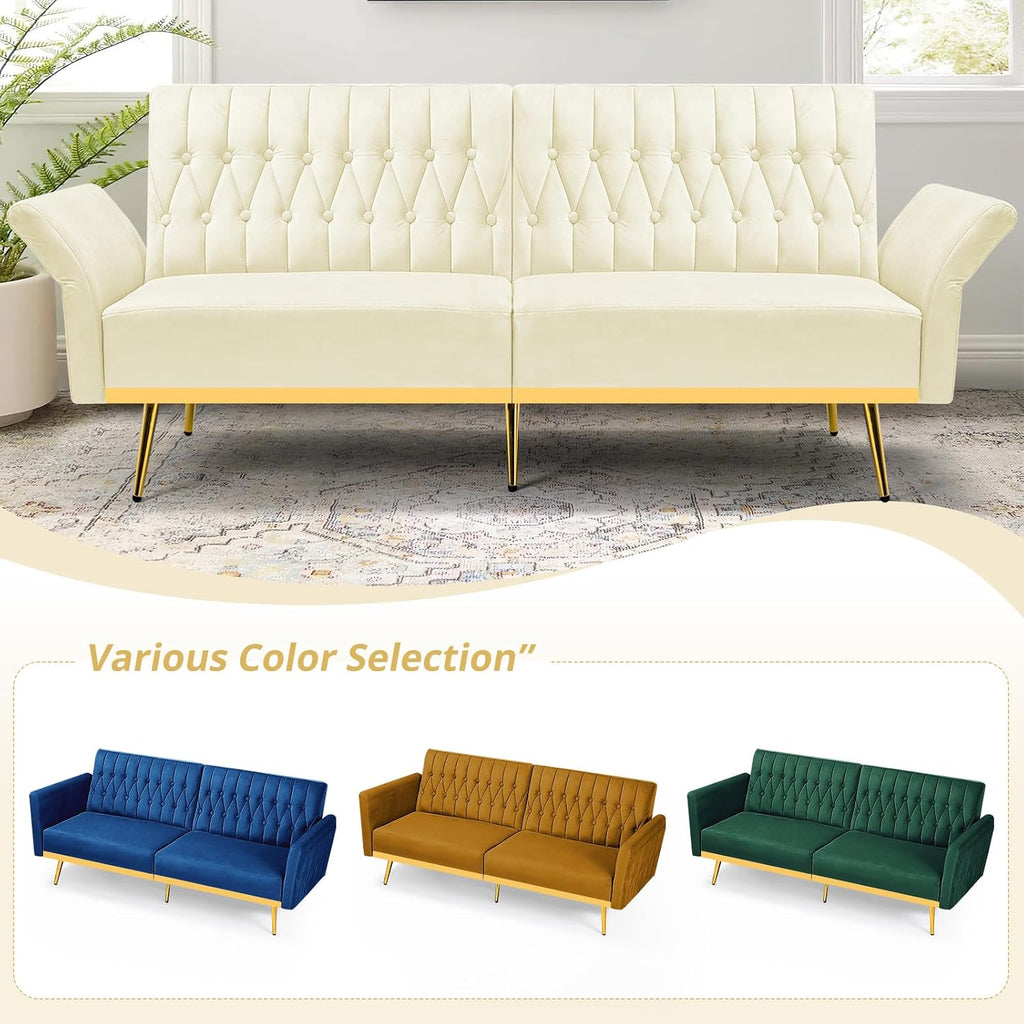 2 Pieces Velvet Sofa Set with Adjustable Armrest and Backrest, 70' Convertible Futon Sofa Bed & Mordern Accent Chair with Ottoman for Living Room, Bedroom, Beige