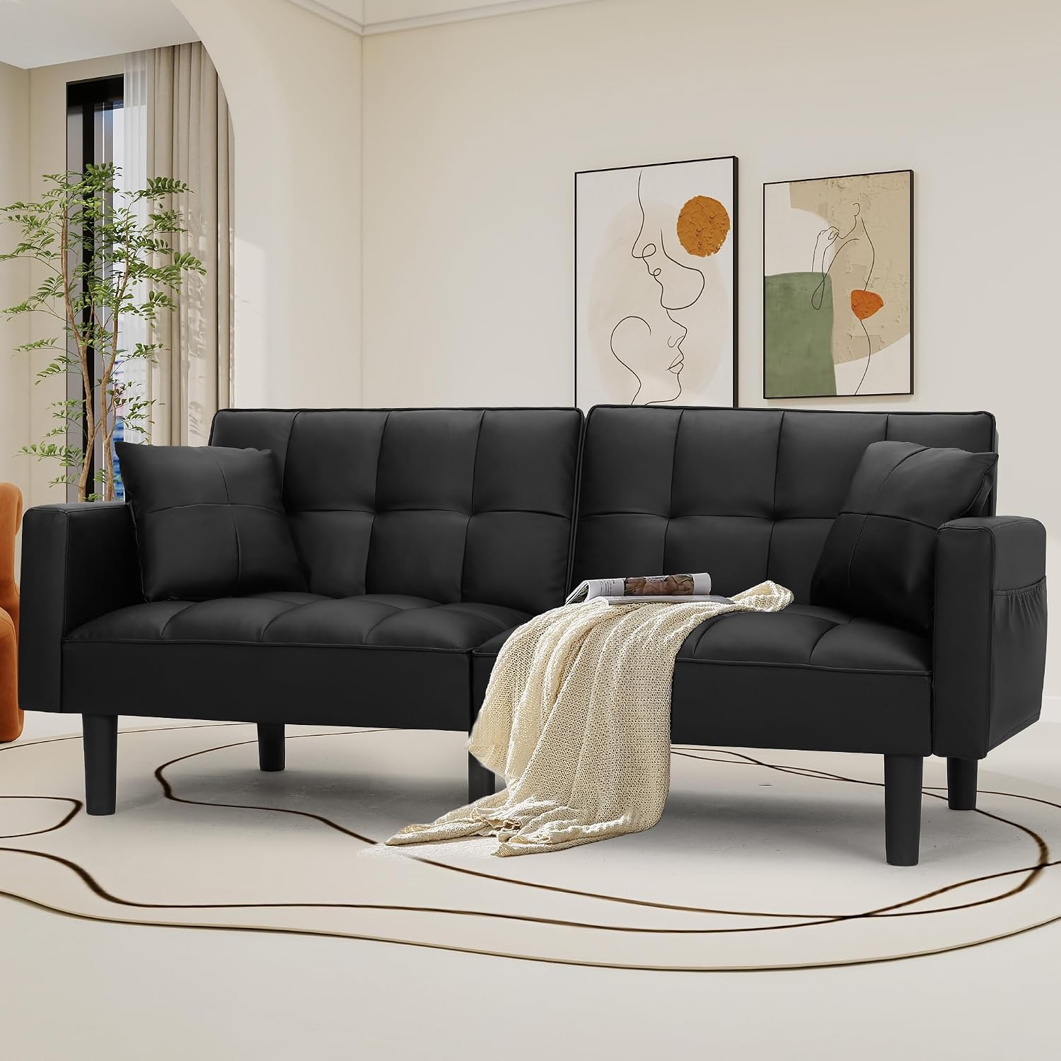 AVAWING Futon Sofa Bed, Modern Leather Convertible Upholstered Sleeper Couch with Adjustable Back, Arms and High Strength Nylon Legs for Living Room, Apartment, Office (Black)