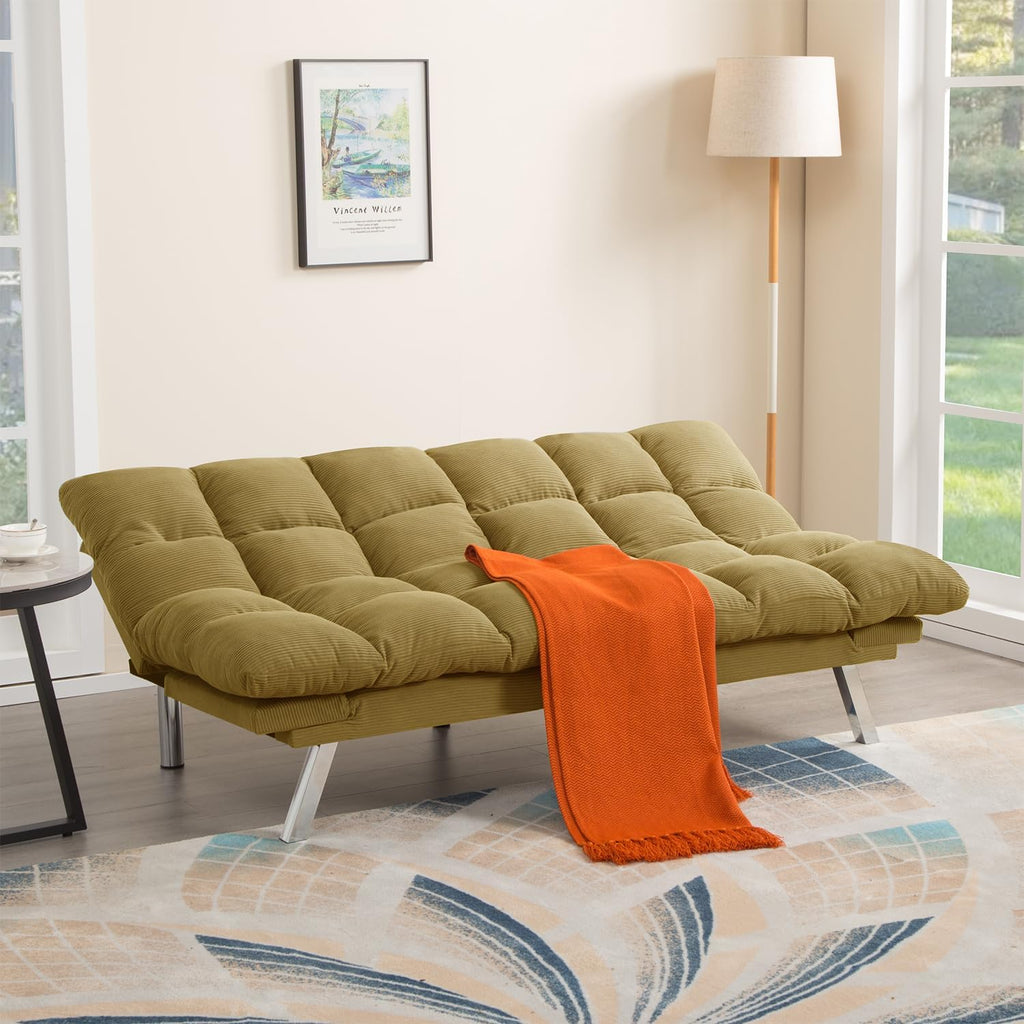 Modern Yellow Corduroy Convertible Folding Futon Couch Sofa Bed Adjustable Pillow Top Arm Memory Foam Couch Double Loveseat Sofas for Compact Living Space, Apartment, Bedroom (67.3' Yellow)