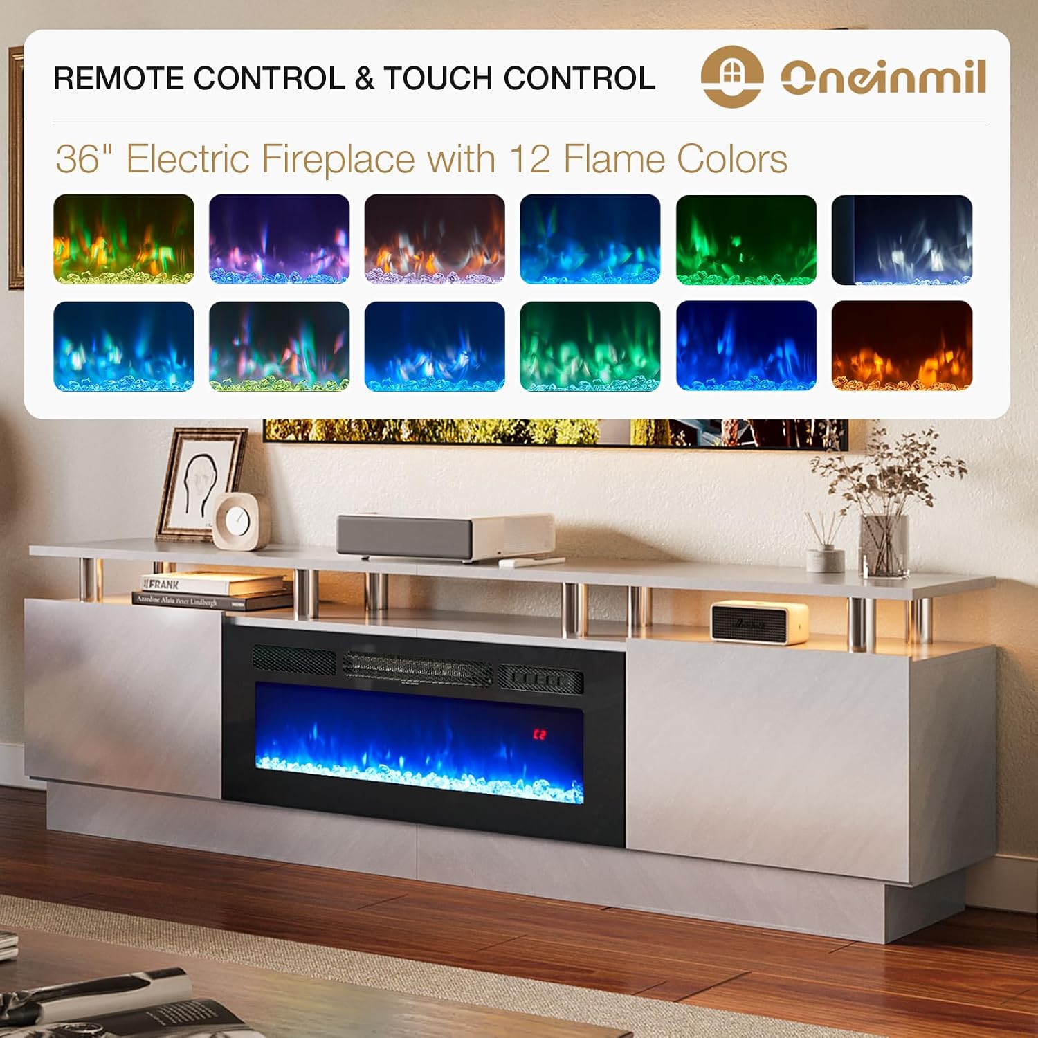 oneinmil Fireplace TV Stand with 36' Electric Fireplace, 80' 2 Tier TV Console Stand for TVs Up to 90', LED Light Entertainment Center, Fireplace for The Living Room TV Stand, Gray