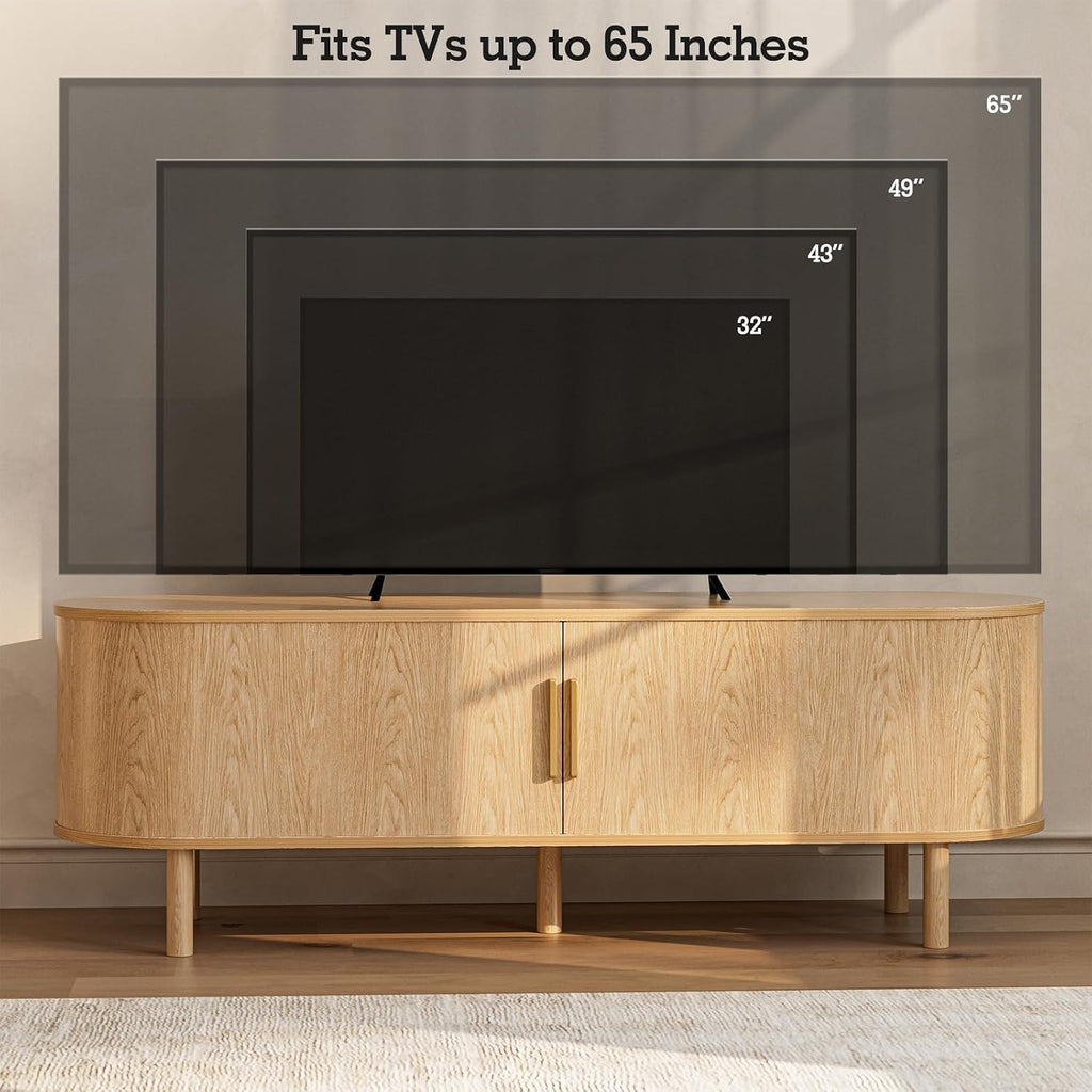 ZttRiee TV Stand for TVs up to 60 Inch, Entertainment Center with Sliding Doors and Adjustable Shelf, Modern TV Console with Storage for Living Room, Bedroom, Natural