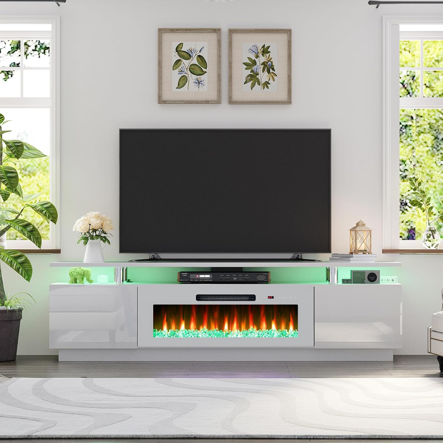 AMERLIFE Fireplace TV Stand with 40' Fireplace, 80' Modern Fireplace Entertainment Center LED Lights, 2 Tier TV Console Cabinet for TVs Up to 90', White & White