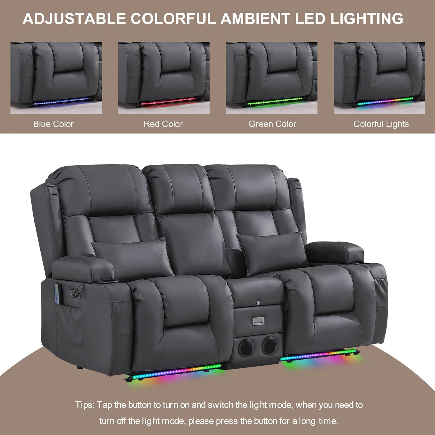 TUNYI Power Loveseat Recliner Sofa with Massage & Heat Home Theater Seating with Console RV Recliner Loveseat Sofa with USB/Storage/Side Pocket/LED Light/Speaker (Warm Grey, Loveseat)