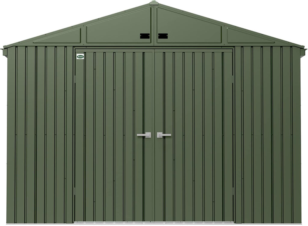 Scotts 10' x 12' Outdoor Lockable Water-Resistant Steel Storage Shed Building with Tool Hanger and Gable Roof, Green