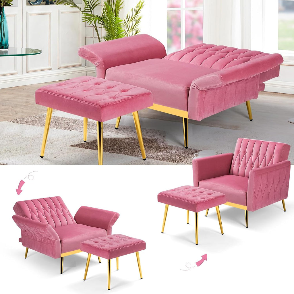 2 Pieces Velvet Sofa Set with Adjustable Armrest and Backrest, 70' Convertible Futon Sofa Bed & Mordern Accent Chair with Ottoman for Living Room, Bedroom, Pink