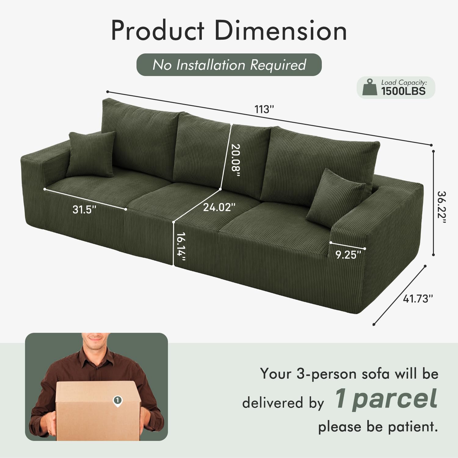 Gericco 113' Modular Sectional Couch, Cloud Boneless Sofa with Deep Seats, Upholstered Corduroy Sleeper Sofa Bed with 3-Seater for Living Room, No Assembly Required, Green