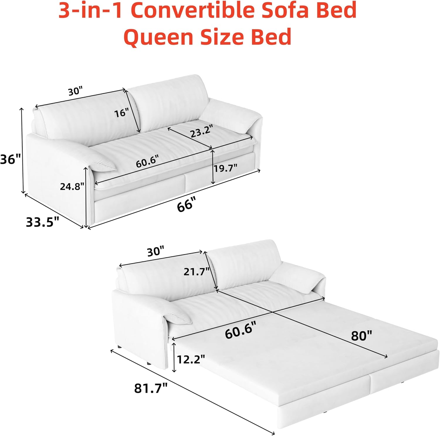 3 in 1 Convertible Queen Sleeper Sofa Bed Comfy Pull Out Futon Couch Bed 66' Modern Velvet Recliner Loveseat Sofa Multi-Functional Green Cloud Couch for Living Room,Apartment,Office (Green 66')