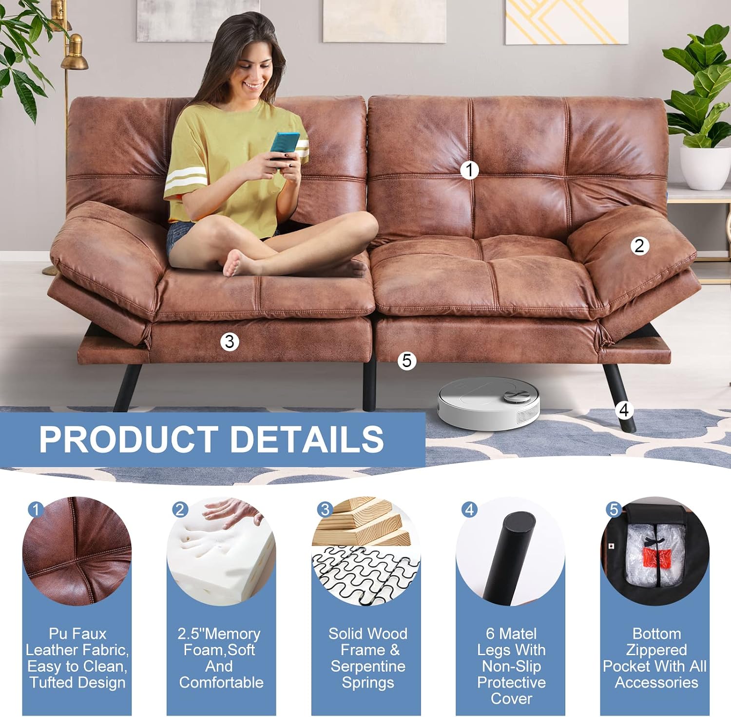 MUUEGM Convertible Futon Sofa Bed, Couch Sleeper Foldable, Loveseat Modern PU Leather and Memory Foam with Armrests&Backrest Adjustable, Recliner Lounge for Living Room, Small Space, Brown