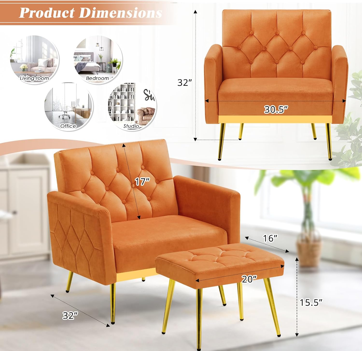 2 Pieces Velvet Sofa Set w/Adjustable Armrests and Backrests, Tufted Accent Chair w/Ottoman, Convertible Futon Sofa Bed for Bedroom, Living Room, Apartment, Orange