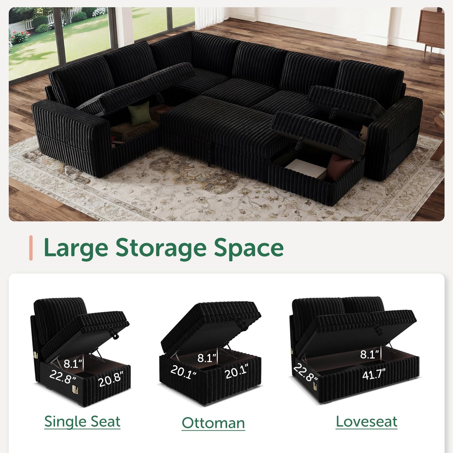 HONBAY Modular Sectional Sleeper Sofa with Pull Out Bed,Corduroy U Shaped Couch with Storage, Sectional Couches for Living Room,Black