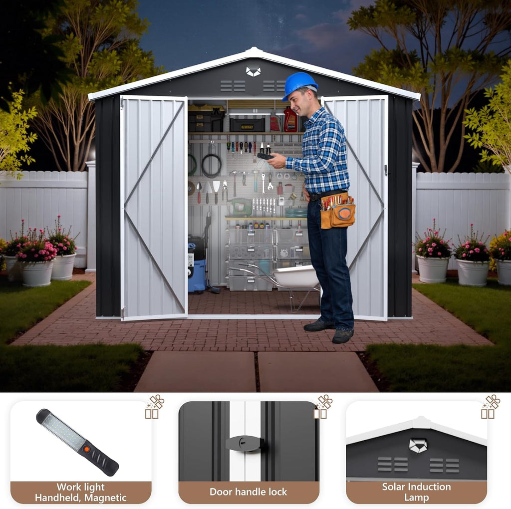 10x8 FT Outdoor Storage Shed, Metal Garden Shed, Storage Tool Sheds with Lockable Doors, Waterproof Outside Storage Building for Backyard, Patio (Black; Floor Not Included)