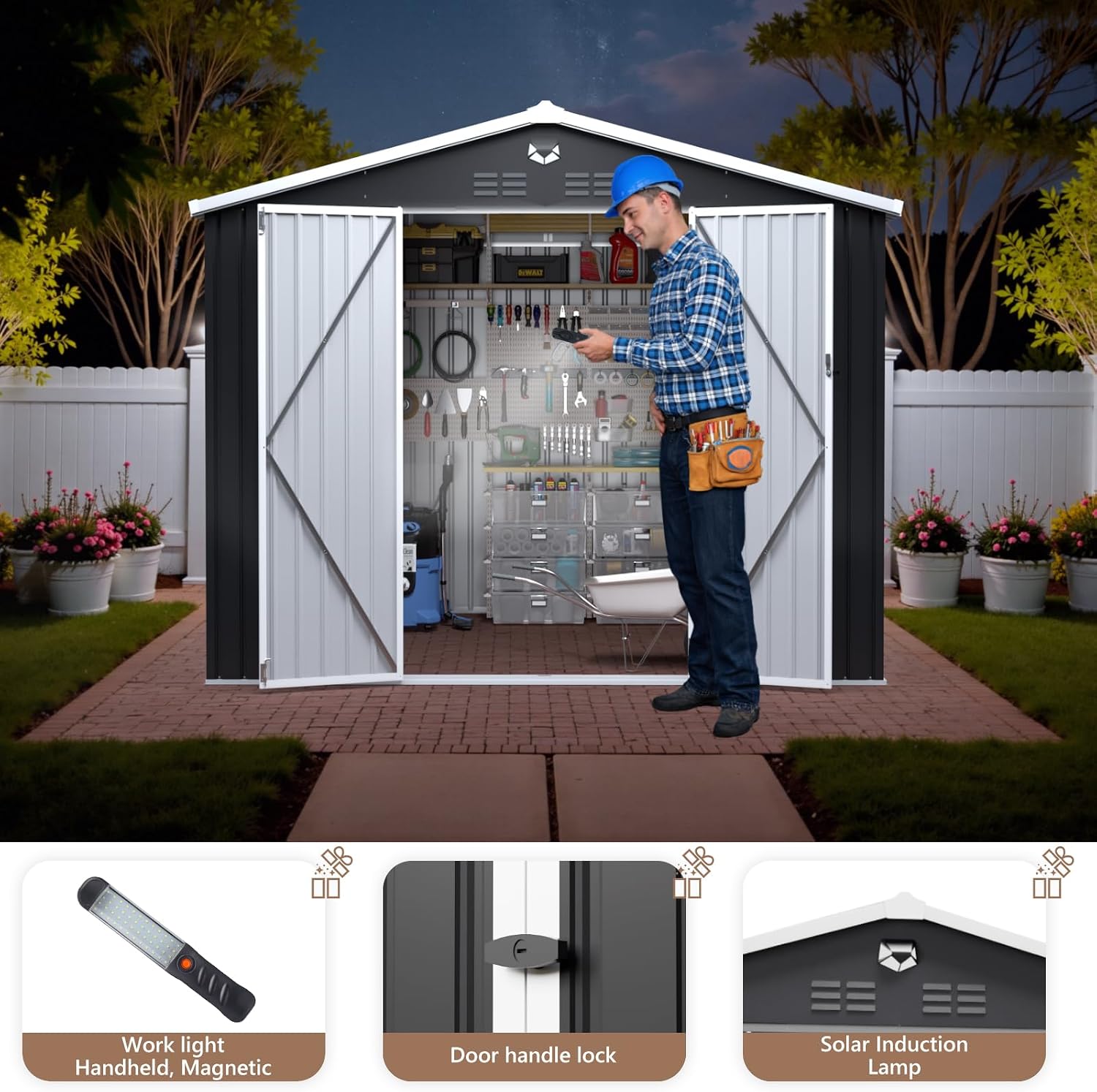 10x8 FT Outdoor Storage Shed, Metal Garden Shed, Storage Tool Sheds with Lockable Doors, Waterproof Outside Storage Building for Backyard, Patio (Black; Floor Not Included)