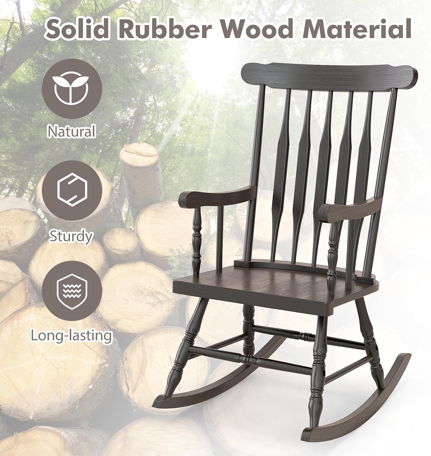 Tangkula Patio Rocking Chair Solid Rubber Wood, Outdoor Porch Rocker Chair with Rubber Wood Frame, Indoor Wooden Rocking Chair, Ideal for Garden, Backyard & Balcony (2, Espresso)