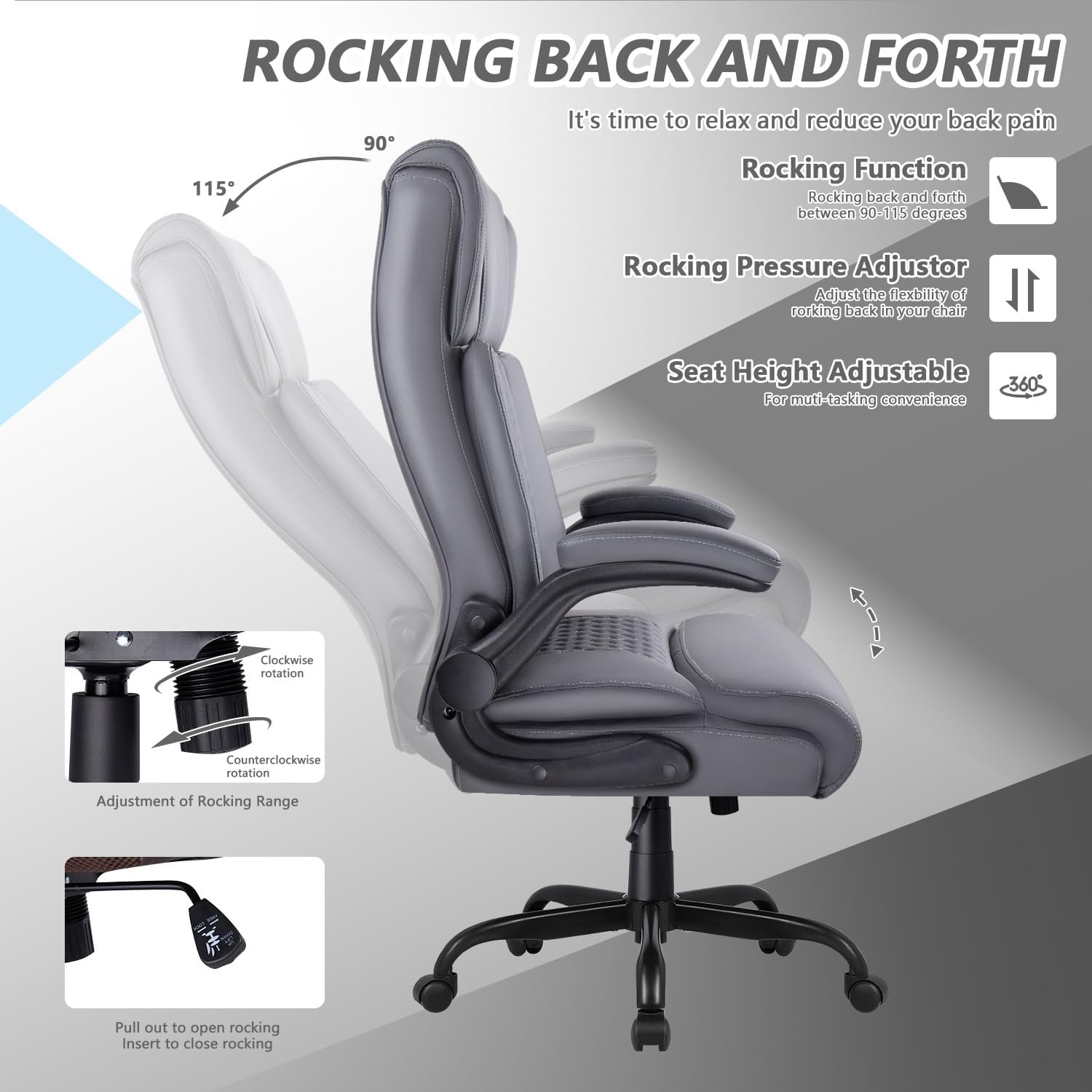 OFIKA Executive Office Chair Heavy Duty Office Chair Padded Flip Up Armrest, Computer Gaming Chair PU Leather Desk Chair, High Back Big and Tall Office Chair with Lumbar Support (Gray)