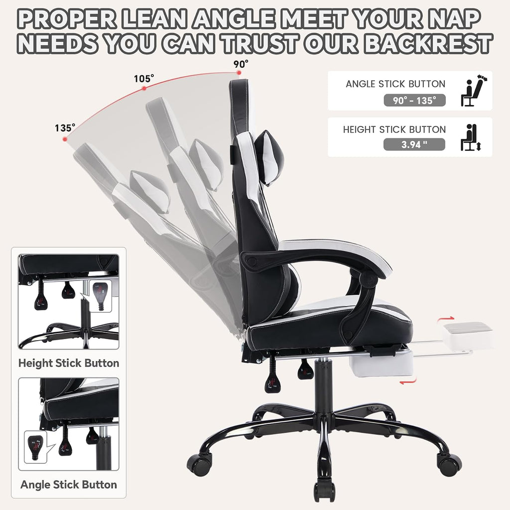 Gaming Chair with Massage and Footrest, Ergonomic High Back PC Racing Chair, 300LBS Capacity with Adjustable Lumbar Support & Headrest for Office and Desk (Model B, Black+White)