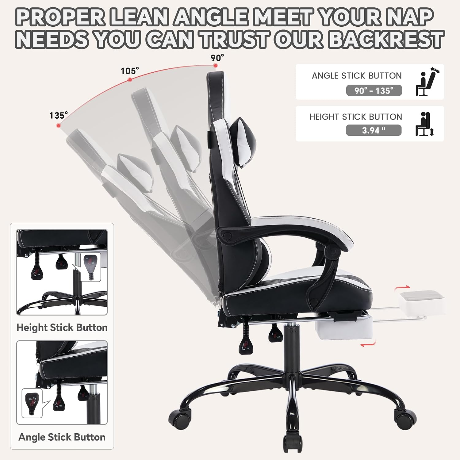 Gaming Chair with Massage and Footrest, Ergonomic High Back PC Racing Chair, 300LBS Capacity with Adjustable Lumbar Support & Headrest for Office and Desk (Model B, Black+White)