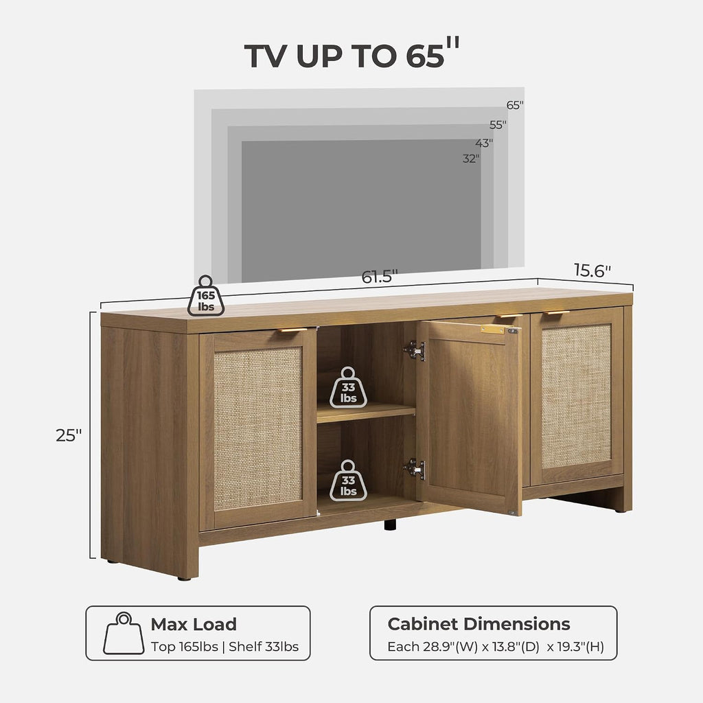 SICOTAS TV Stand for Living Room Boho Entertainment Center for Bedroom with 4 Rattan Cabinets Farmhouse Television Stands with Storage Large Media Console Table for TVs up to 65 Inch