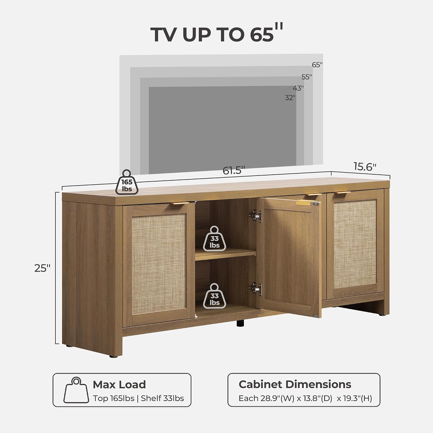 SICOTAS TV Stand for Living Room Boho Entertainment Center for Bedroom with 4 Rattan Cabinets Farmhouse Television Stands with Storage Large Media Console Table for TVs up to 65 Inch