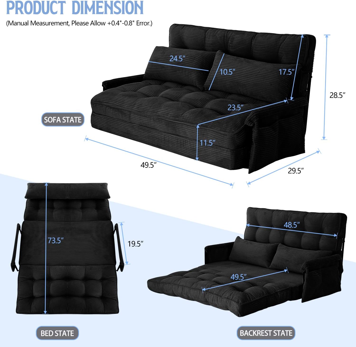 Convertible Futon Sofa Bed with Adjustable Backrest Pillows,Folding Loveseat Sleeper Sofa,Corduroy Pull Out Couches with Side Pocket for Living Room Bedroom Lounge（Charcoal）