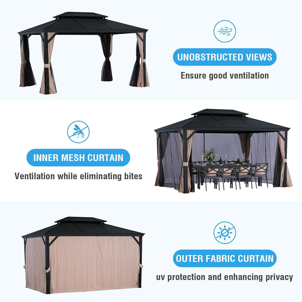 LeDoasis Nova 10' X 13' Hardtop Gazebo with Netting and Curtains, Double Galvanized Steel Outdoor Gazebo, Aluminum Frame Canopy for Garden,Patio,Lawns,Parties