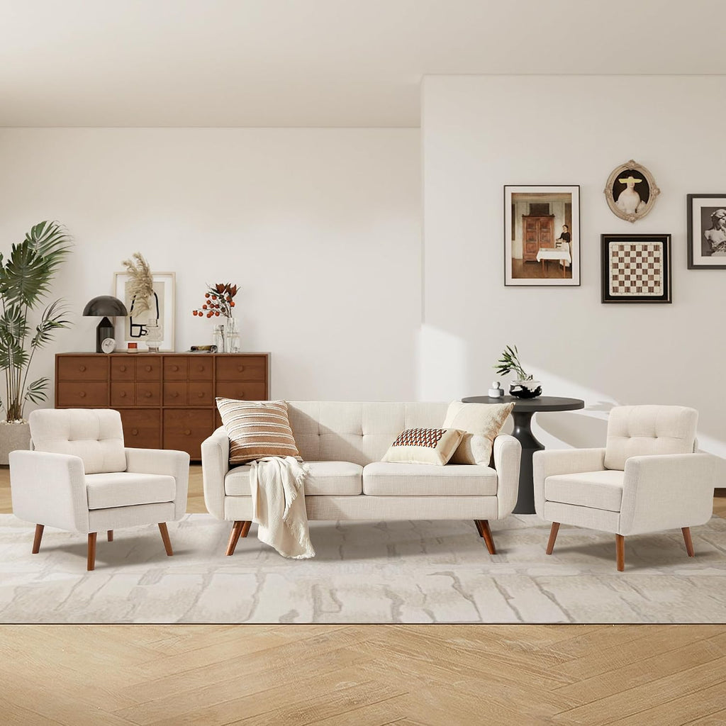 Tbfit Linen Fabric Single Sofa, Accent Chair, Mid Century Modern Armchair for Living Room, Bedroom Button Tufted Upholstered Comfy Reading Sofas, Beige