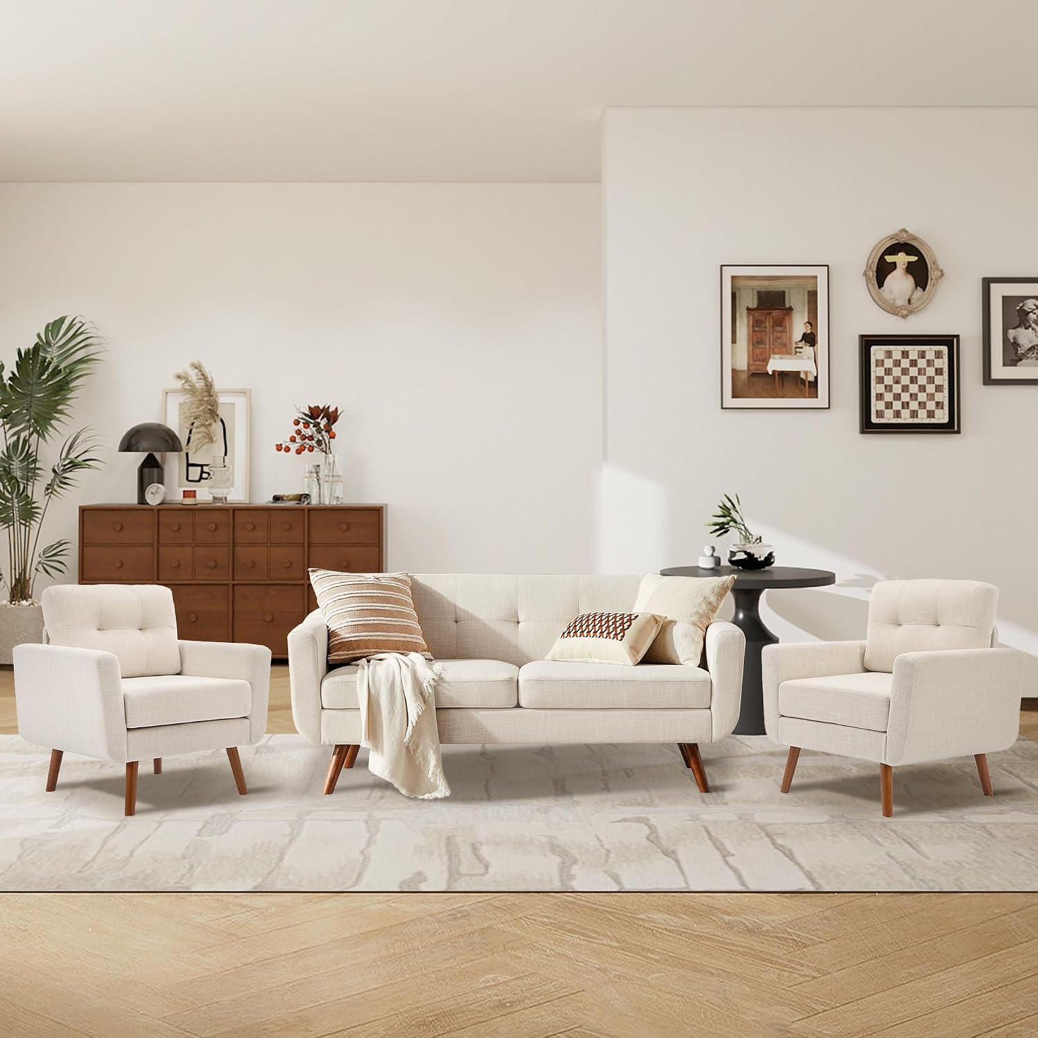 Tbfit Linen Fabric Single Sofa, Accent Chair, Mid Century Modern Armchair for Living Room, Bedroom Button Tufted Upholstered Comfy Reading Sofas, Beige