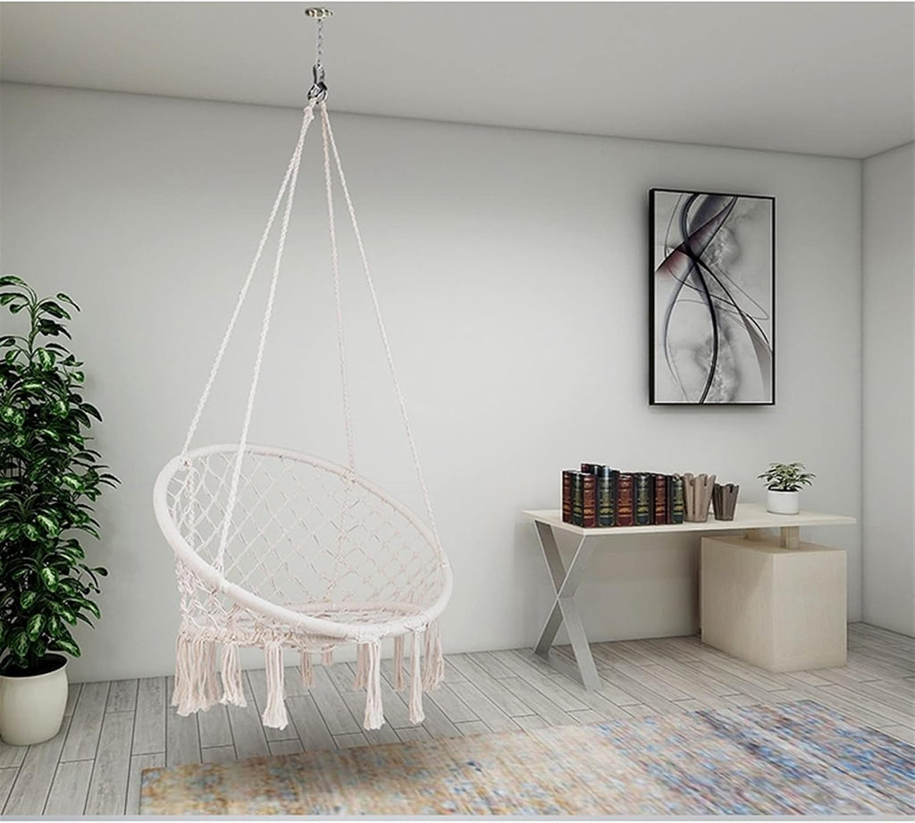 Swings Seats Handwoven Cotton Macrame Hammock Hanging Chair Swing for Indoor & Outdoor Use with Backrest, Children's Tassel Swing Hanging Basket Swing Set(Gris)