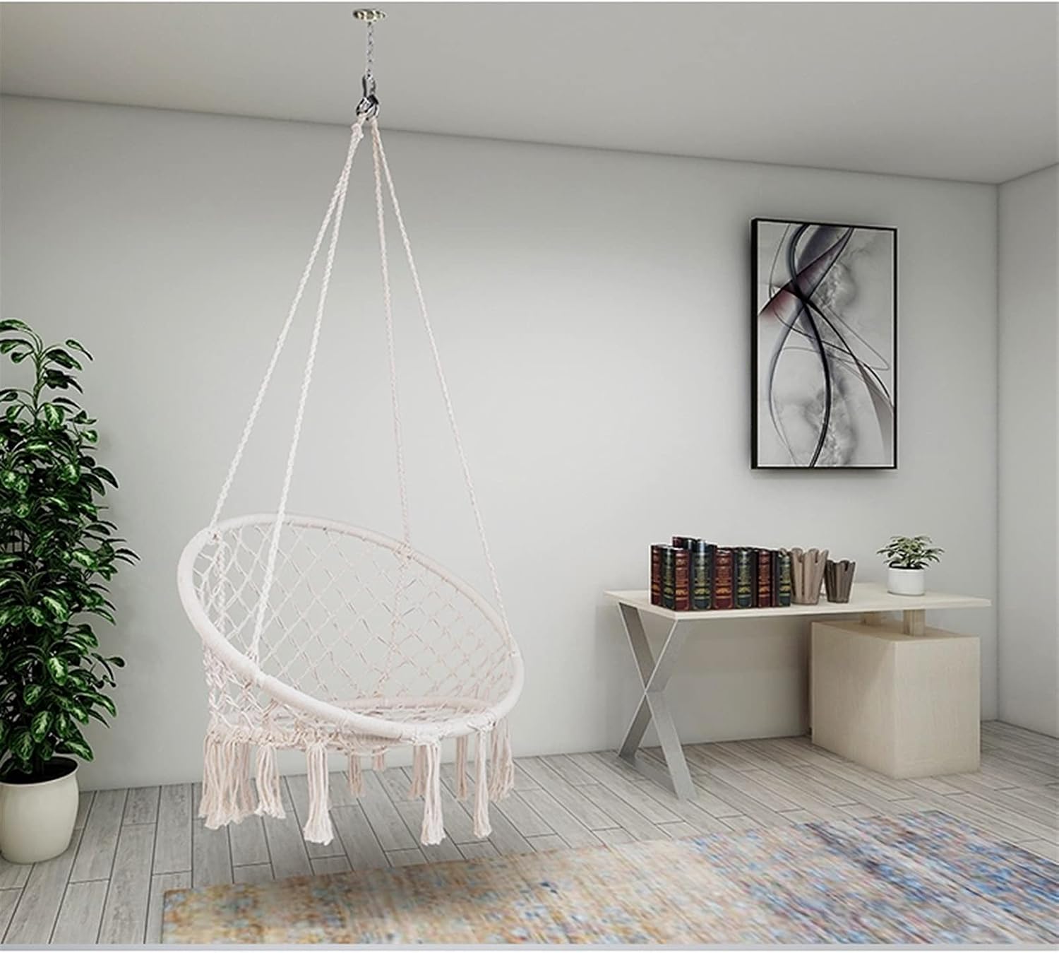 Swings Seats Handwoven Cotton Macrame Hammock Hanging Chair Swing for Indoor & Outdoor Use with Backrest, Children's Tassel Swing Hanging Basket Swing Set(Gris)